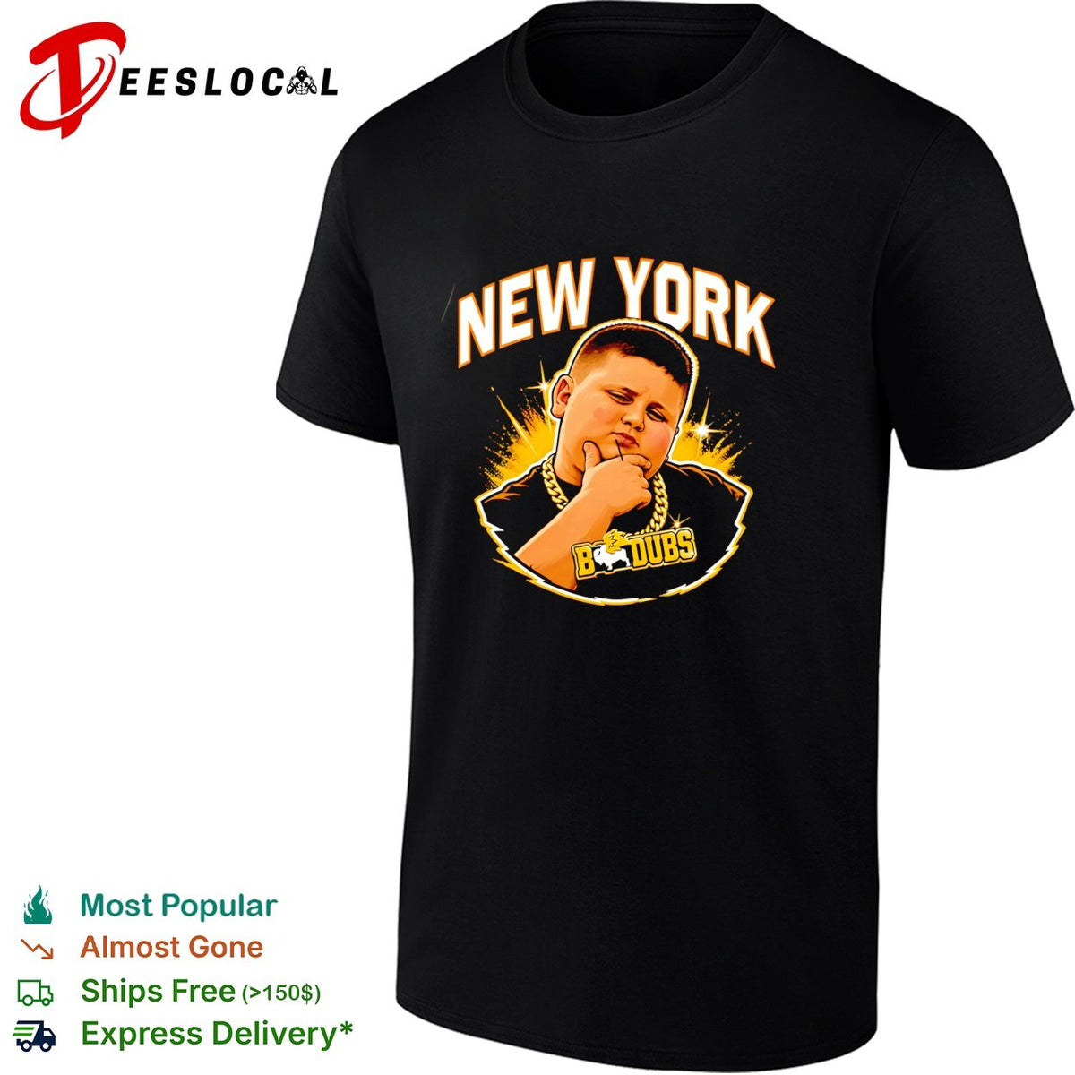 New York kid with chain B Dubs mascot graphic shirt