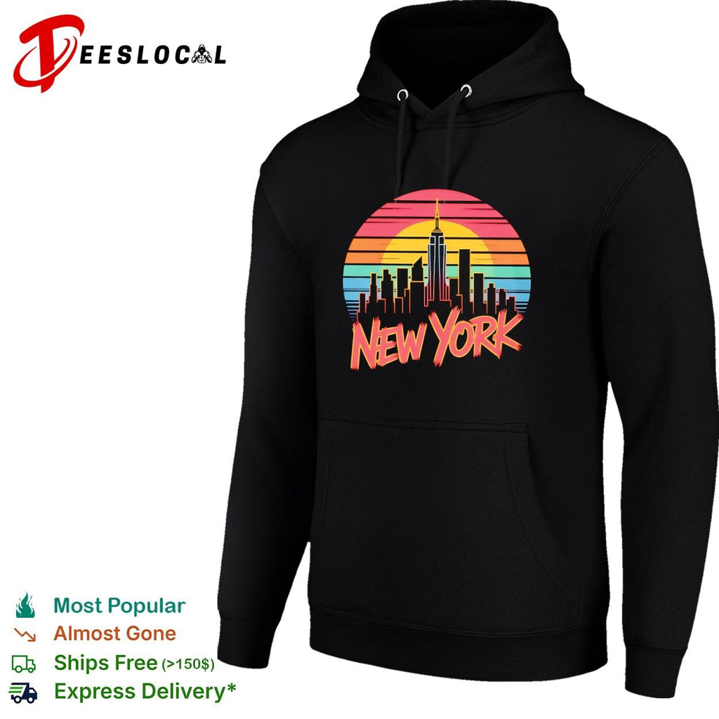 New York skyline city silhouette sunset retro color stripes lettering graphic shirt