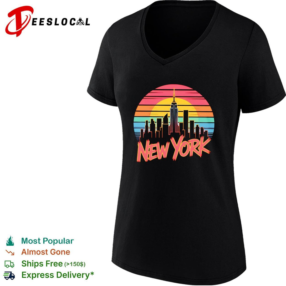 New York skyline city silhouette sunset retro color stripes lettering graphic shirt