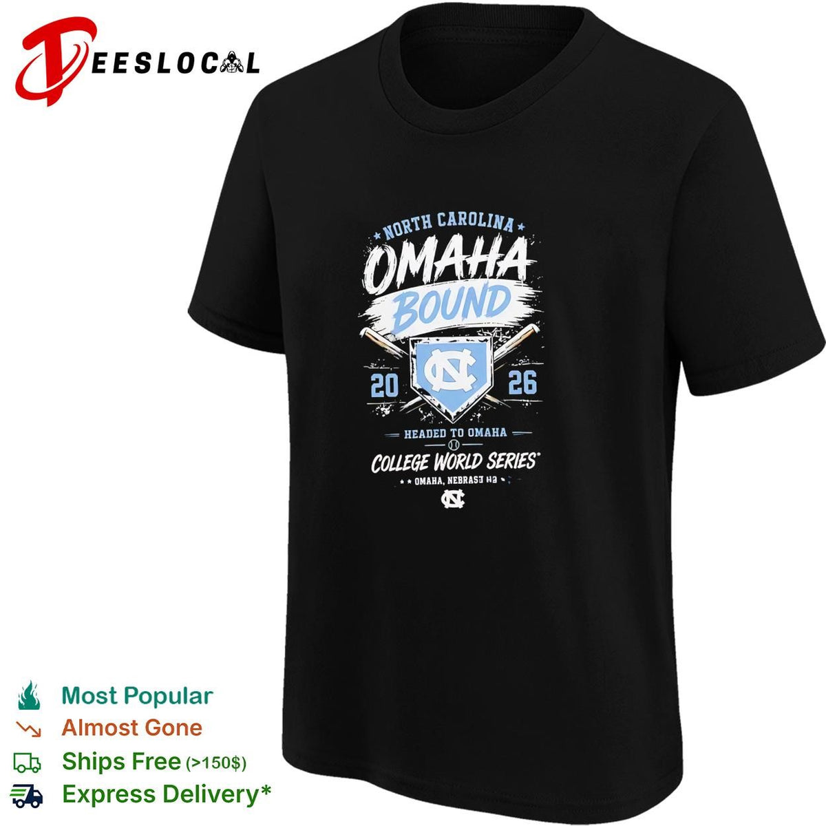 North Carolina Tar Heels Omaha Bound 2026 College World Series baseball dark shirt