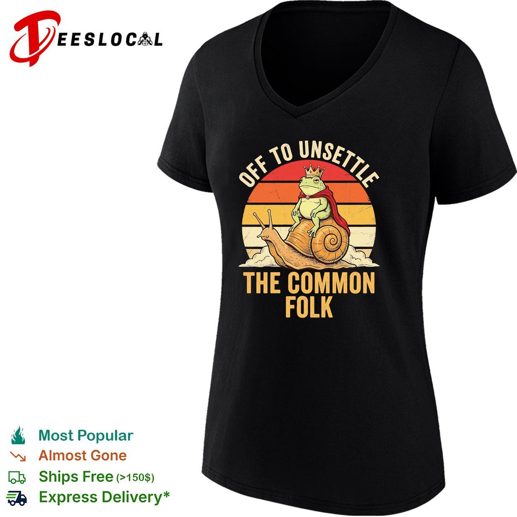 Off to unsettle the common folk frog king on snail retro sunset funny shirt