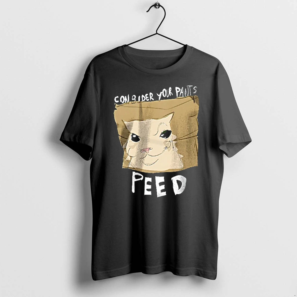 Officials Consider Your Pants Peed Smirking White Cat Cartoon Brown Square Youth T Shirt Sweater