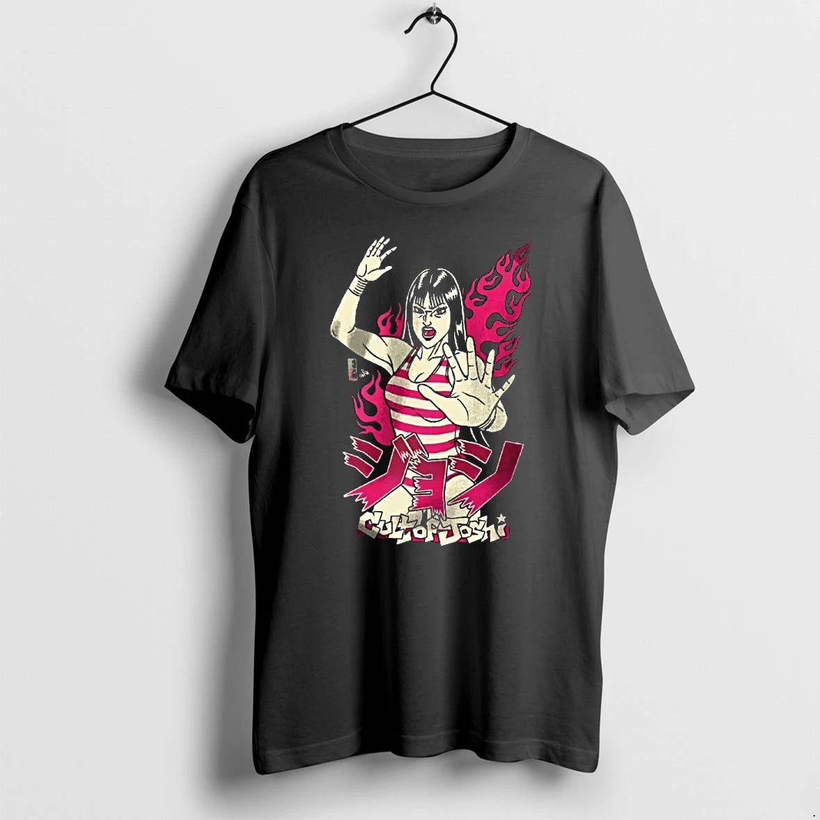 Officials Cult Of Joshi Anime Female Wrestler Japanese Katakana Red Flames Youth T Shirt Sweater