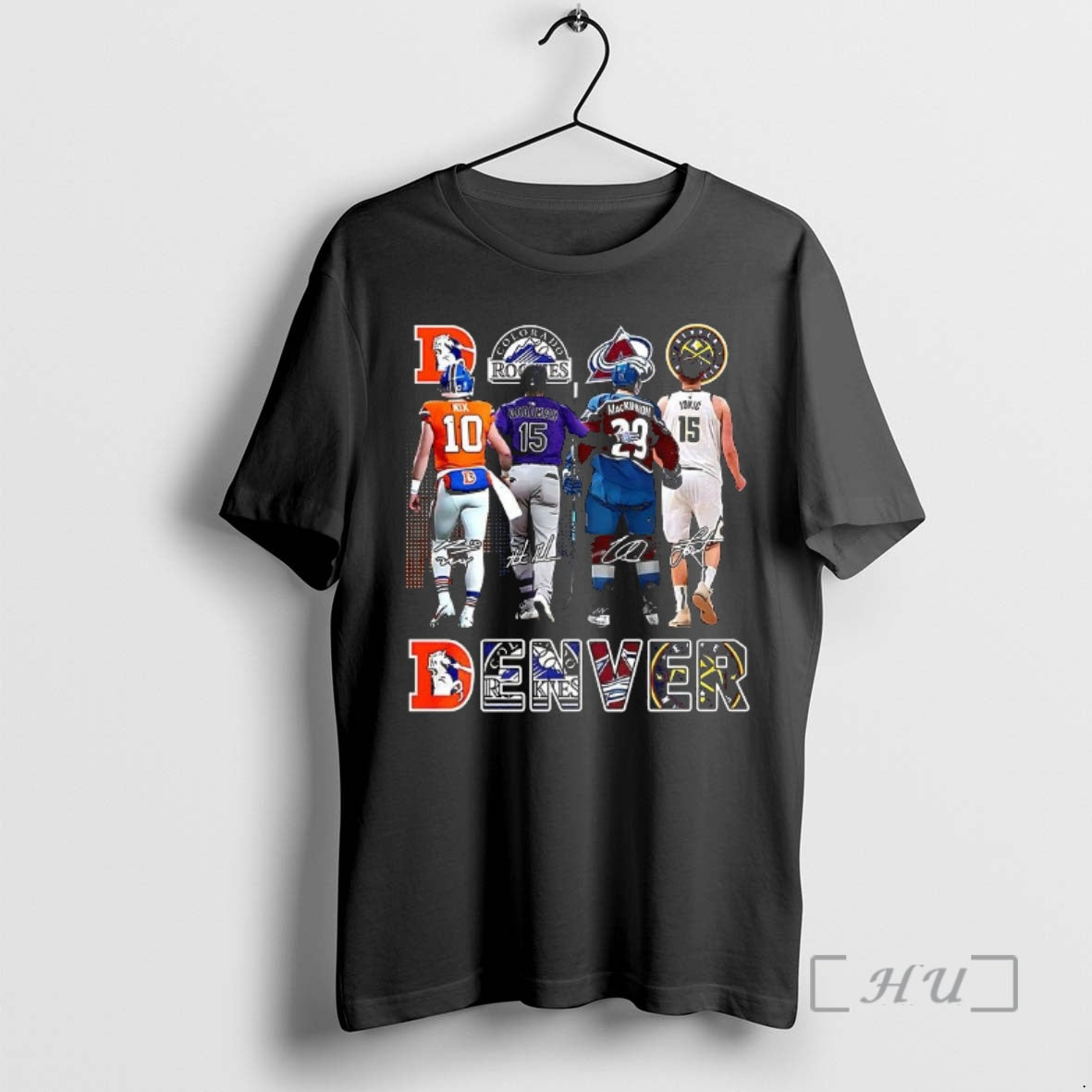 Officials Denver Sport Teams Broncos Rockies Avalanche Nuggets Logo And Player Signature Premium T Shirts