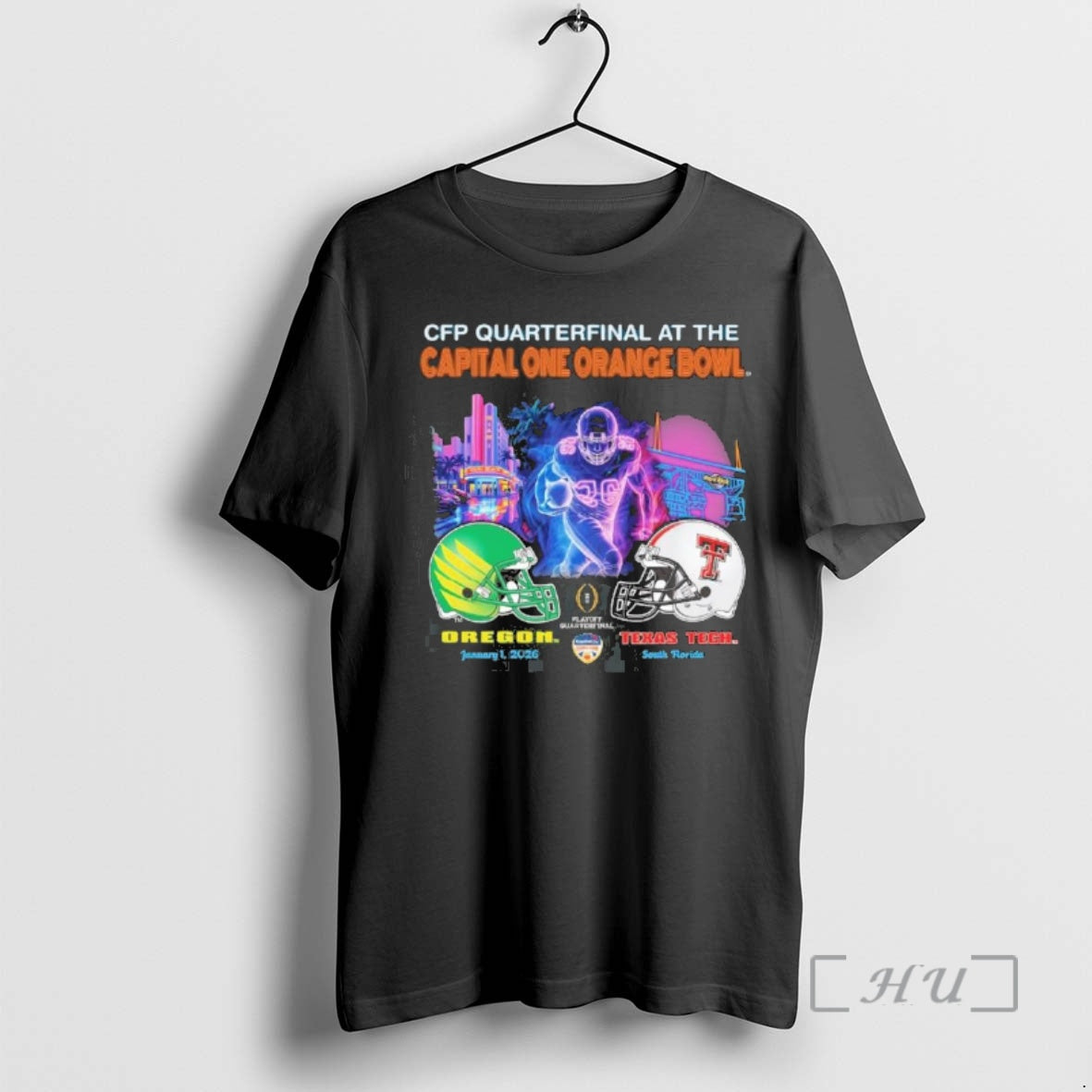 Officials Oregon Vs Texas Tech 2026 Cfp Orange Bowl Art Deco Game Premium T Shirts