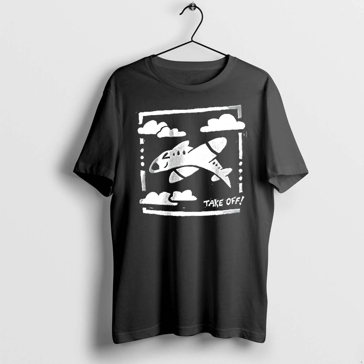 Officials Take Off White Cartoon Jet Airplane Flying Clouds Square Frame Youth T Shirt Sweater