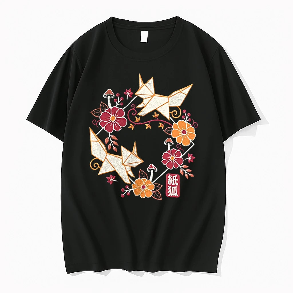 Officials Two Origami Foxes Floral Wreath T Shirt Sweater