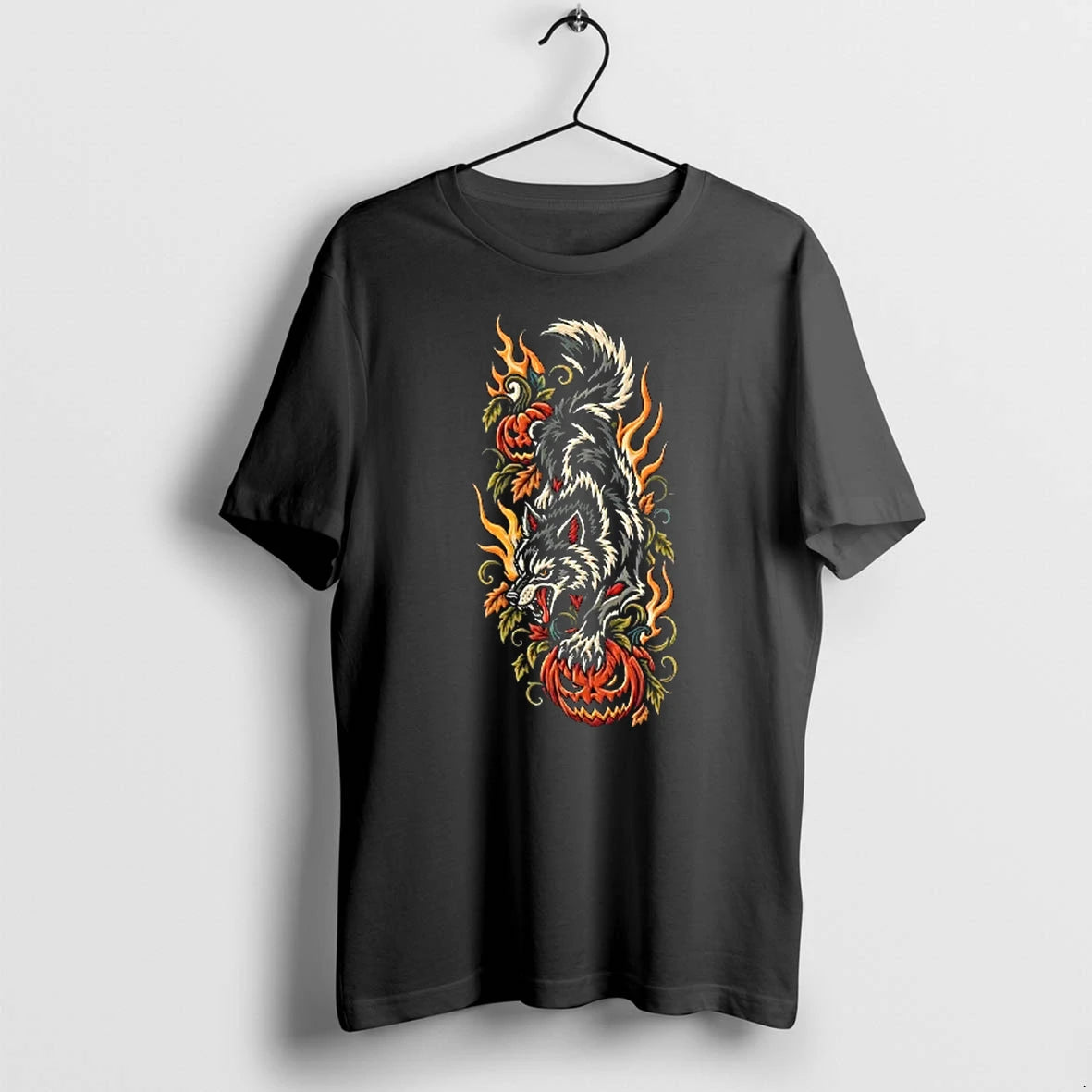 Officials Wolf With Jack O Lanterns And Fire Halloween Autumn Seasonal Character T Shirt Sweater
