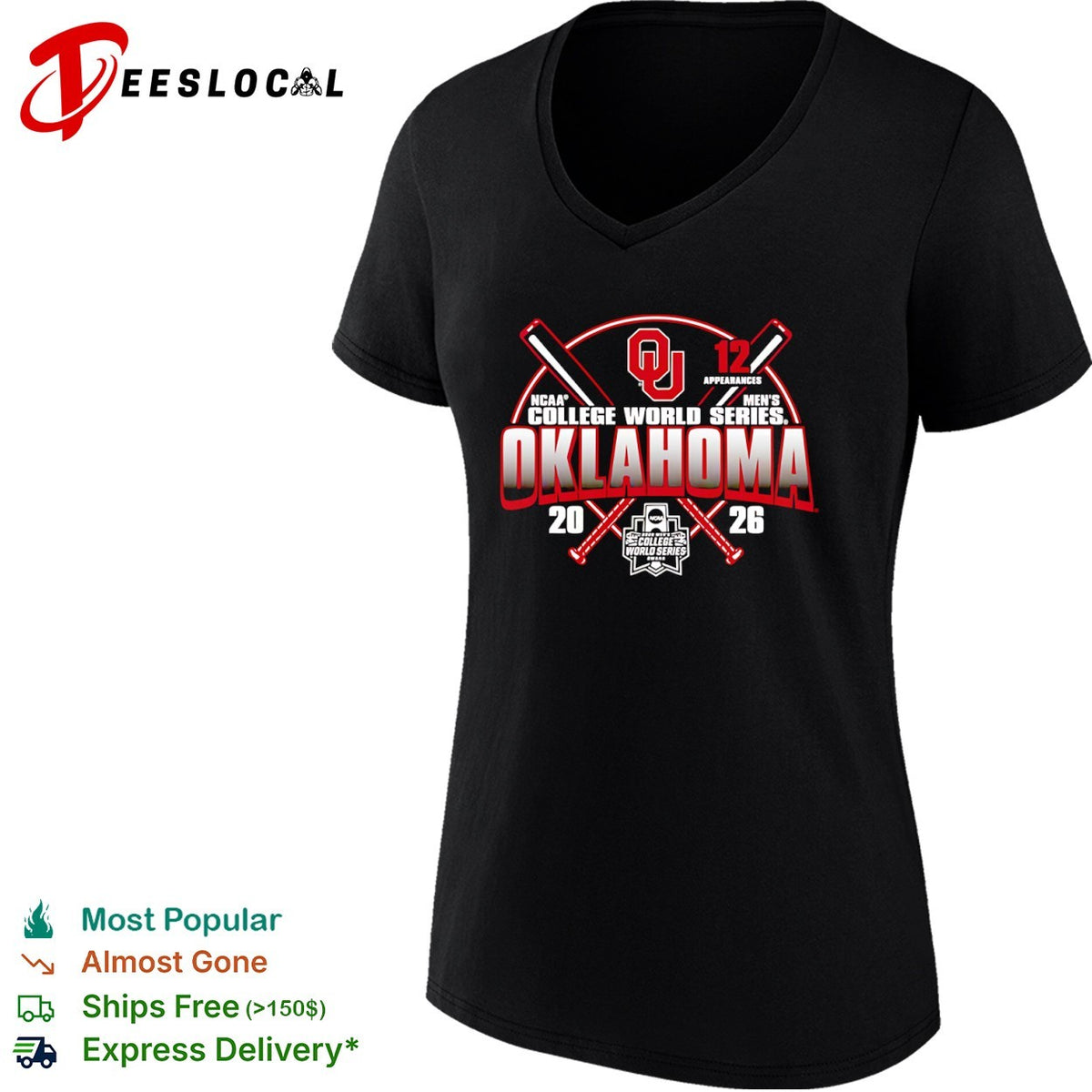 Oklahoma Sooners crossed bats 12 appearances NCAA Mens College World Series 2026 shirt