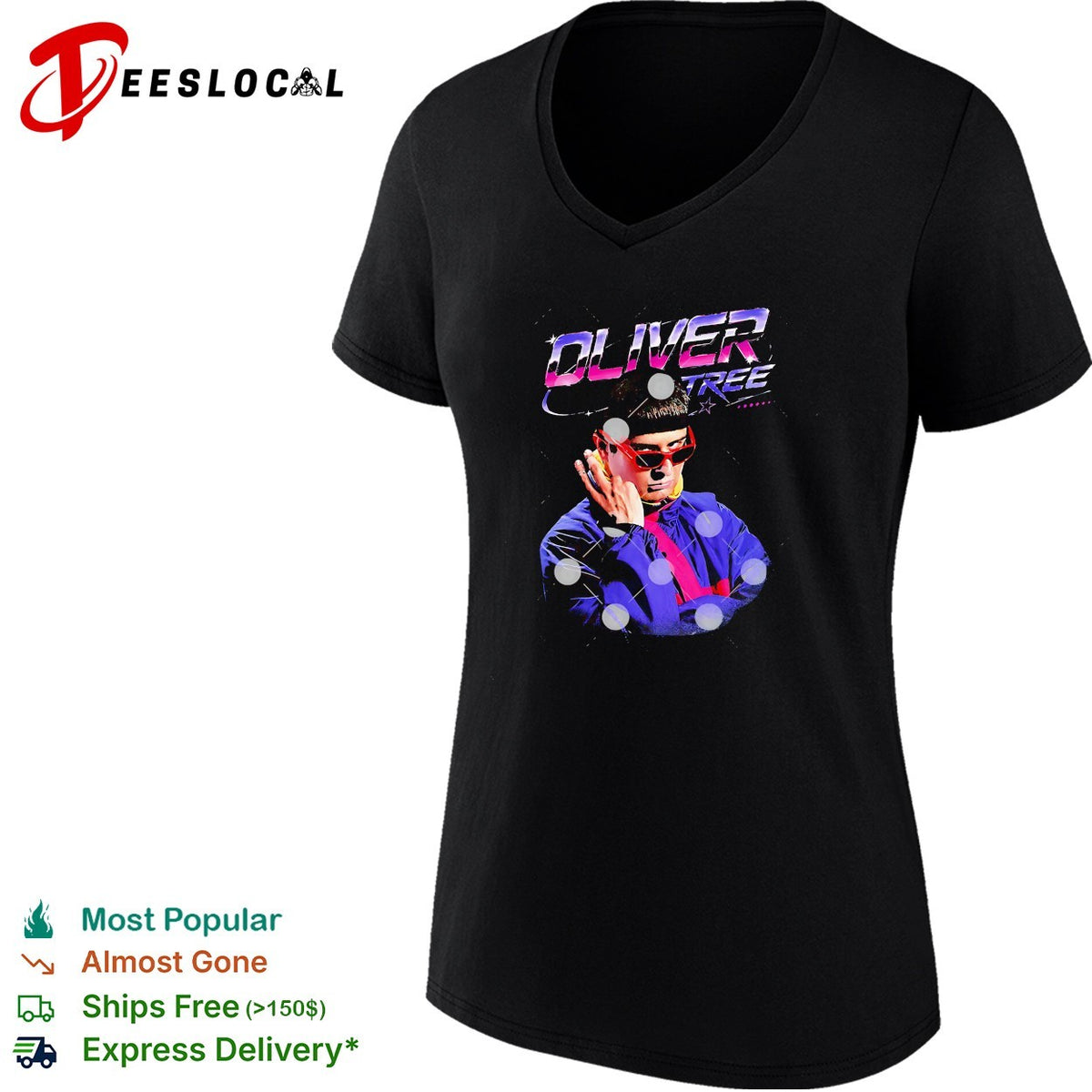Oliver Tree RIP futuristic neon portrait with sunglasses shirt