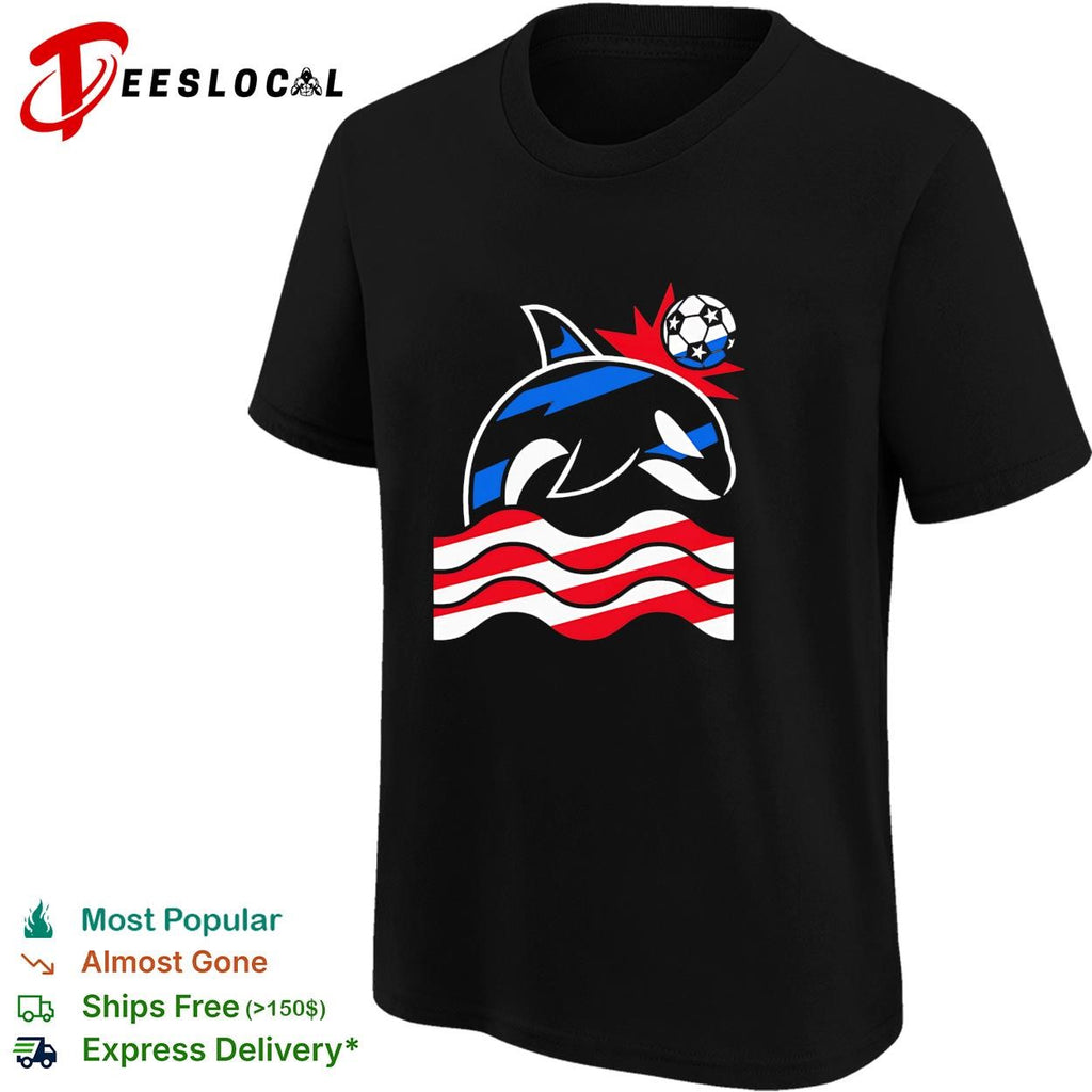 Orca whale soccer ball wave stripes graphic shirt