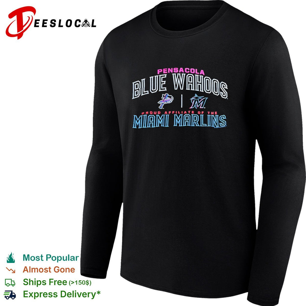 Pensacola Blue Wahoos vs Miami Marlins proud affiliate of the team logos shirt