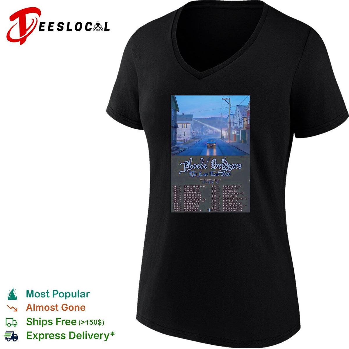 Phoebe Bridgers the Lost Tour 2026 with Alex G Indianapolis to Inglewood concert shirt