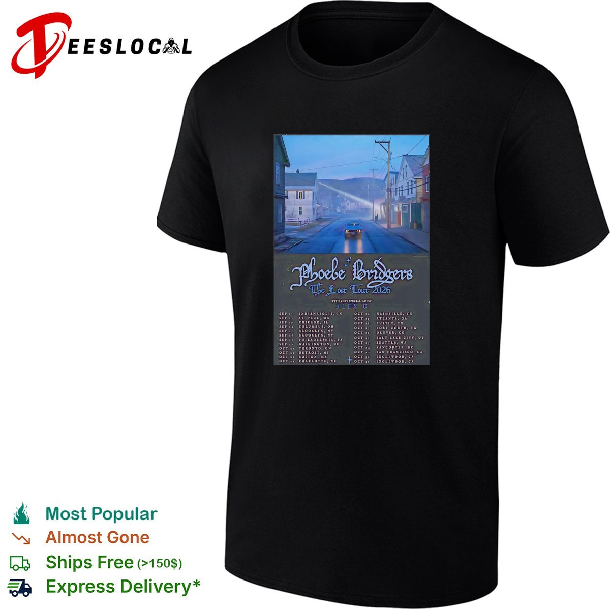 Phoebe Bridgers the Lost Tour 2026 with Alex G Indianapolis to Inglewood concert shirt