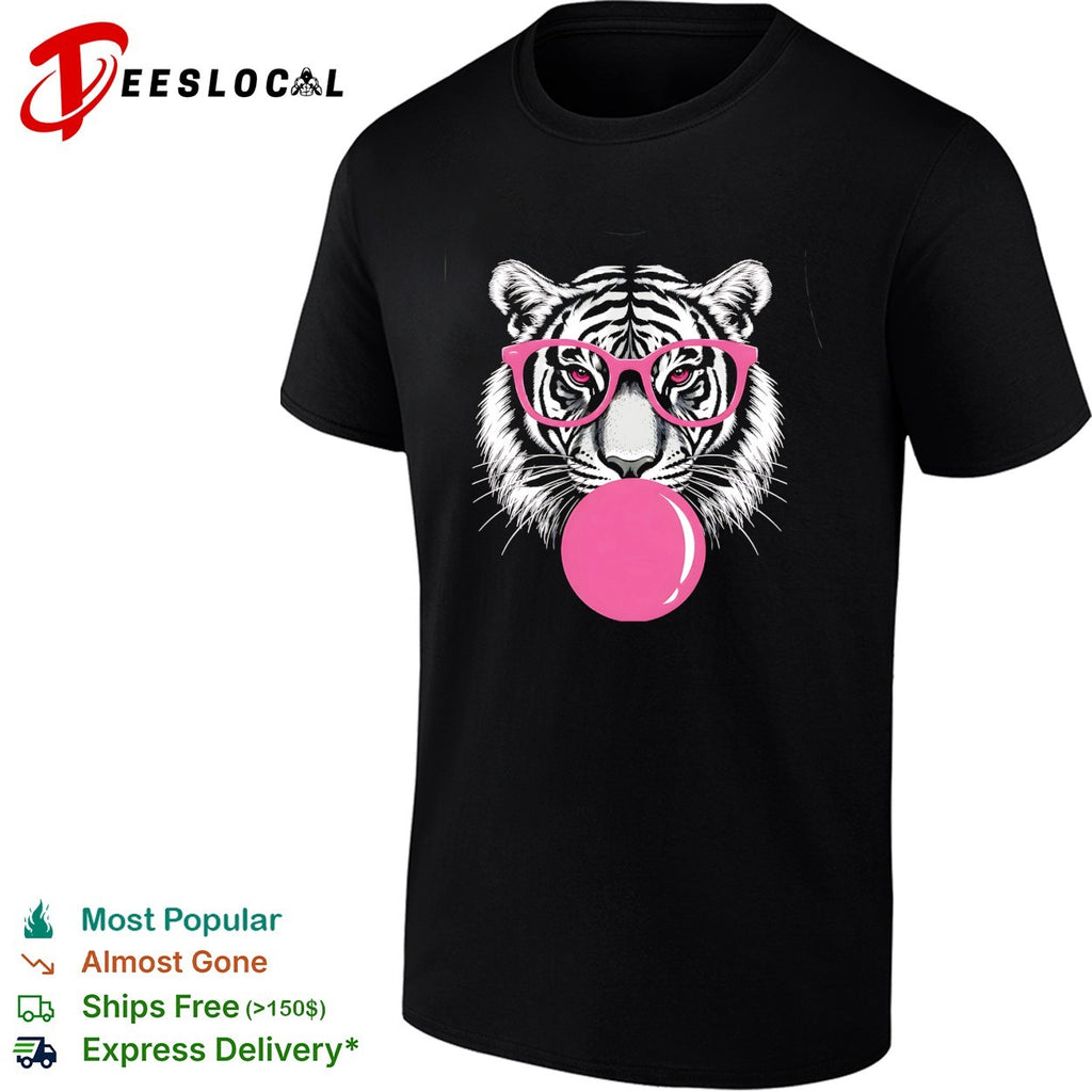 Pink Glasses Bubblegum Tiger Face Pop Art Illustration Print shirt