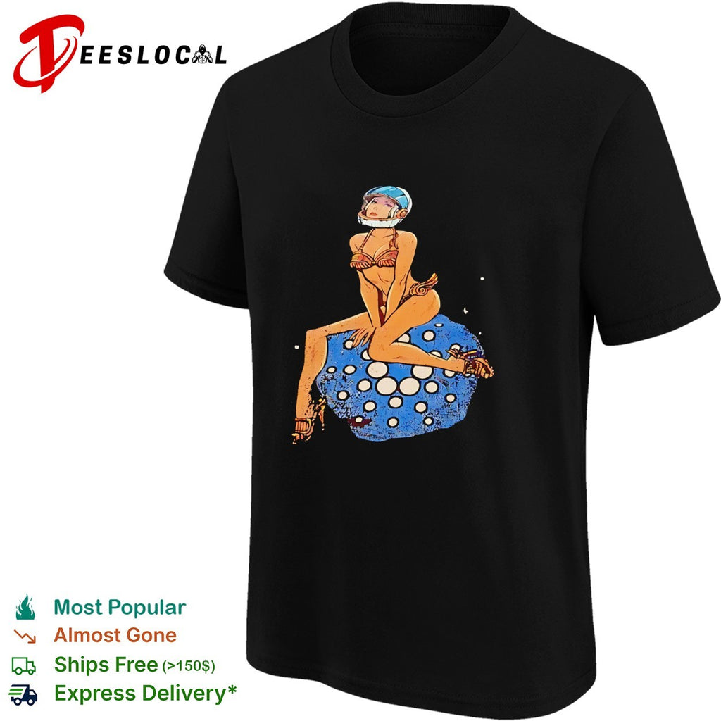 Pinup woman in astronaut helmet sitting on disco ball moon shirt