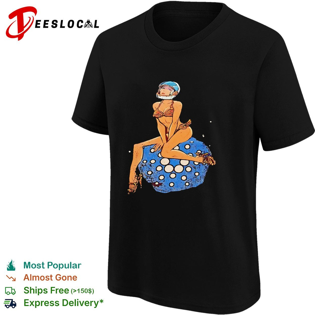 Pinup woman in astronaut helmet sitting on disco ball moon shirt