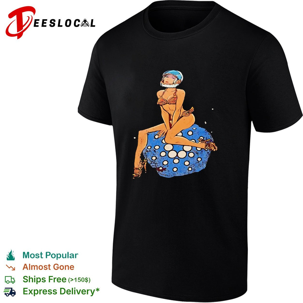 Pinup woman in astronaut helmet sitting on disco ball moon shirt