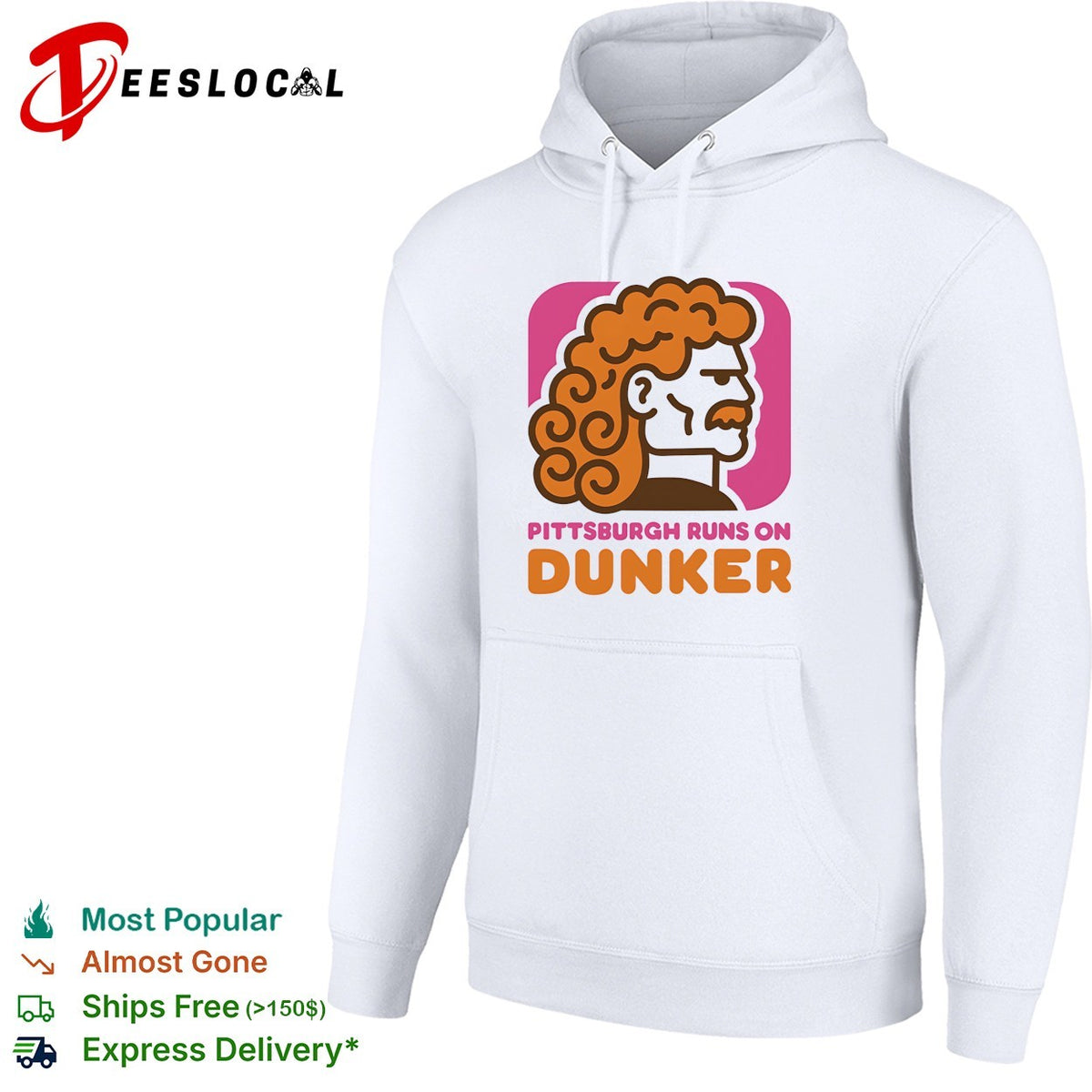 Pittsburgh runs on Dunker curly-haired bearded man profile bold logo parody shirt