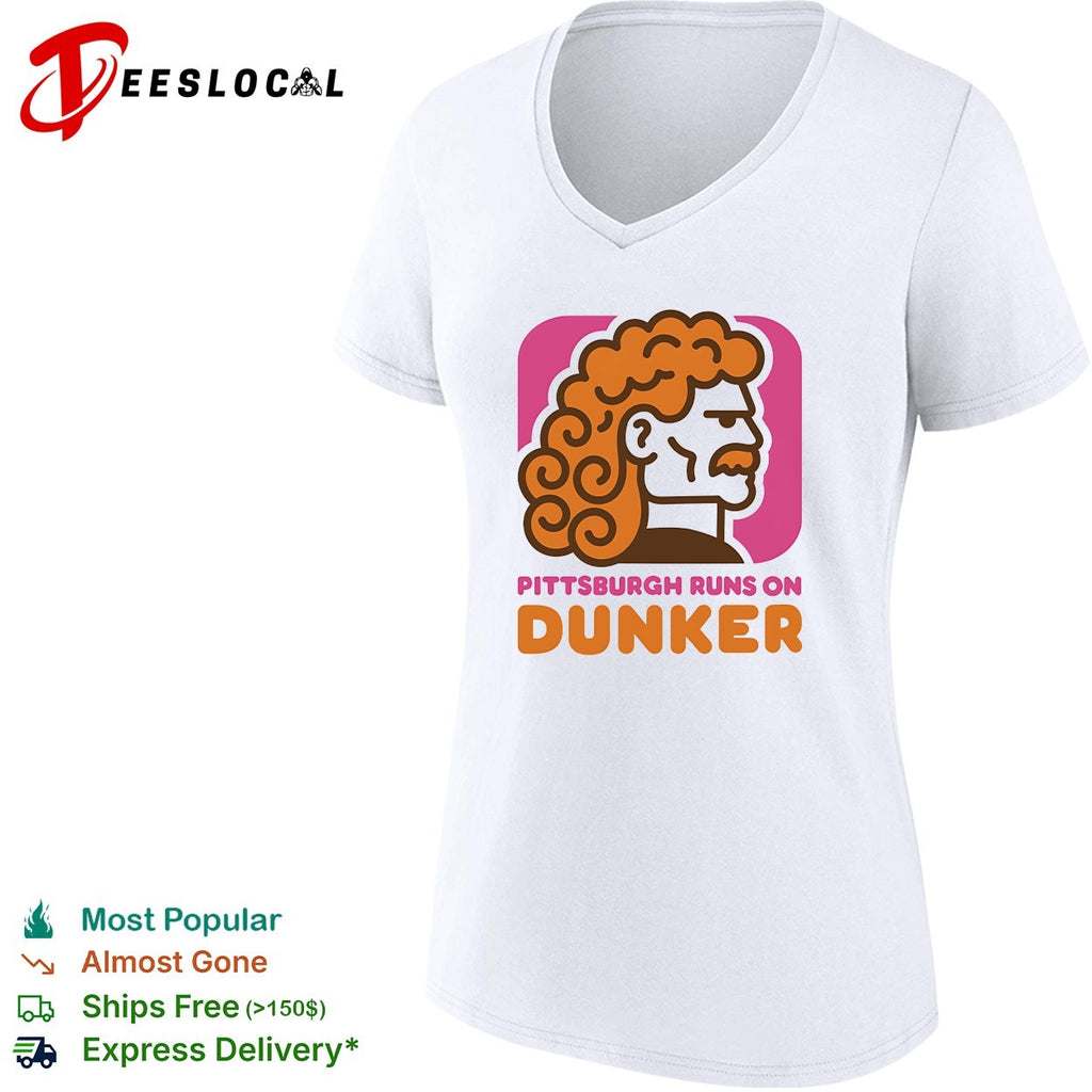 Pittsburgh runs on Dunker curly-haired bearded man profile bold logo parody shirt