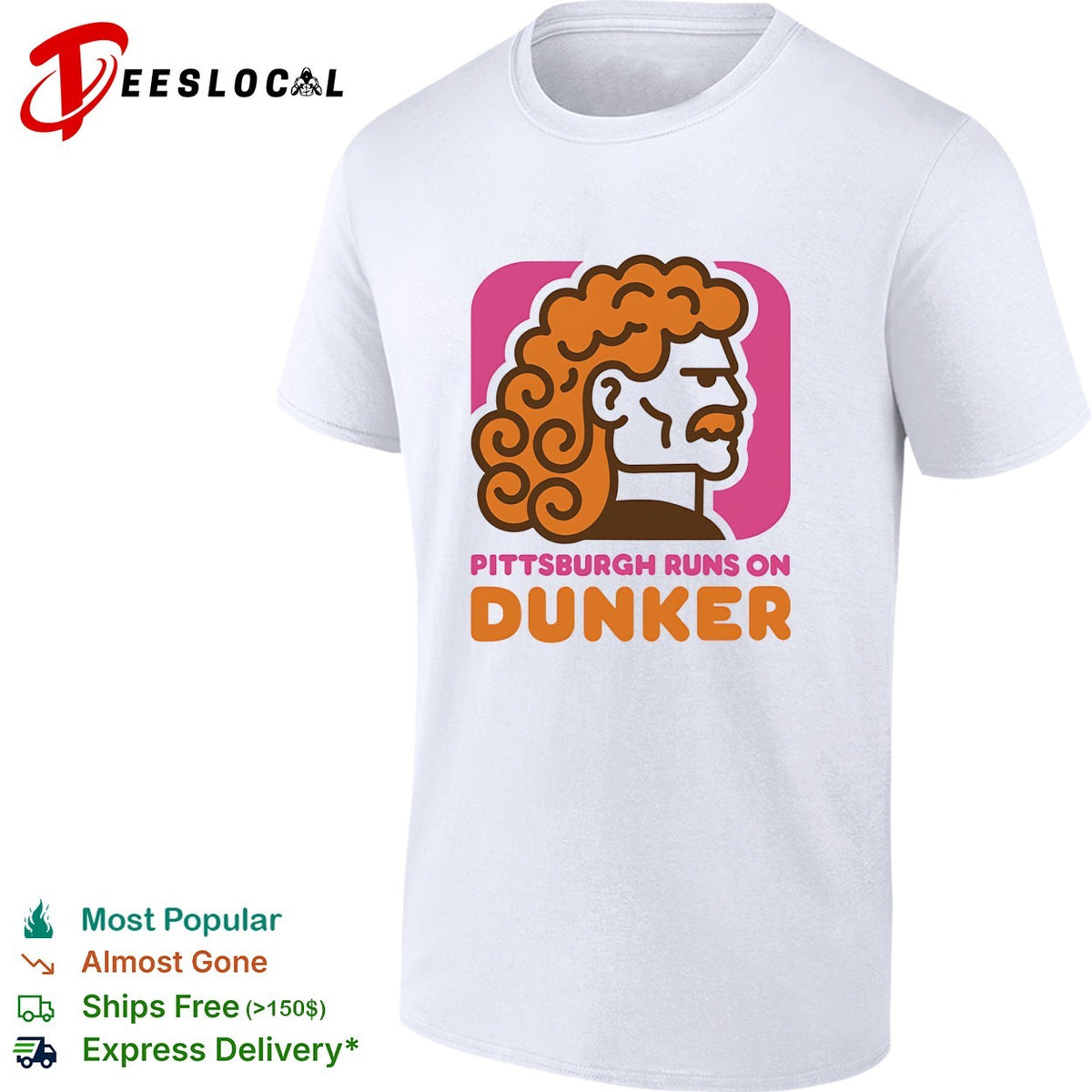 Pittsburgh runs on Dunker curly-haired bearded man profile bold logo parody shirt