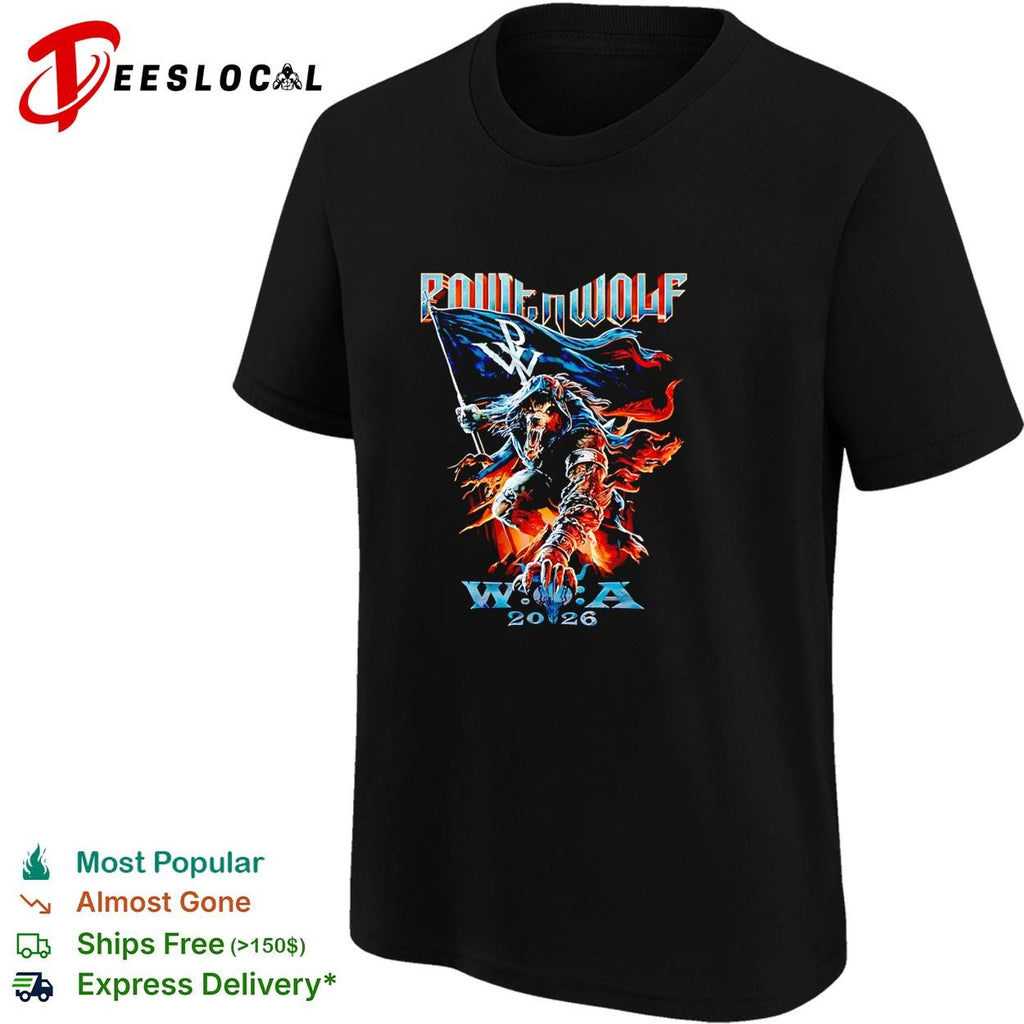 Powerwolf wolf knight holding flag W.O.A 2026 festival illustration poster shirt
