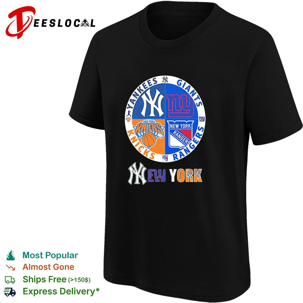 New York Yankees Giants Knicks Rangers four teams circle logo shirt