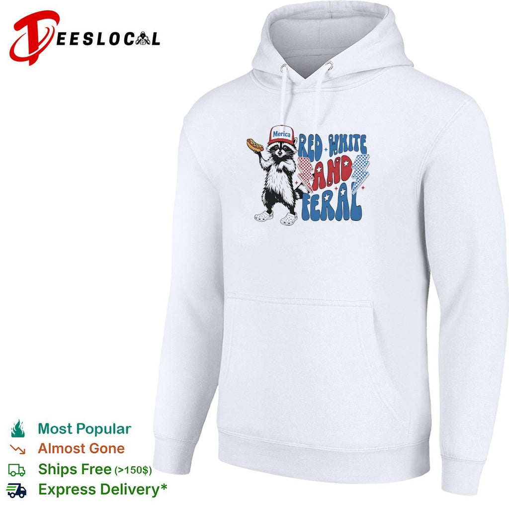 Red white and feral raccoon holding hotdog Merica cap lightning bolts patriotic shirt