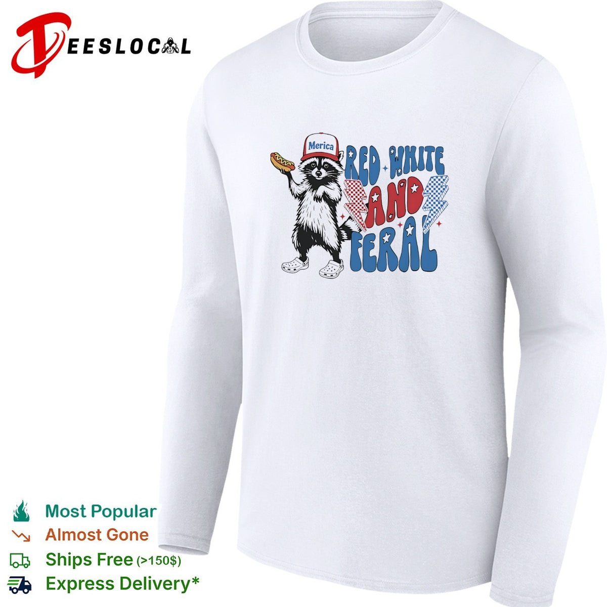 Red white and feral raccoon holding hotdog Merica cap lightning bolts patriotic shirt