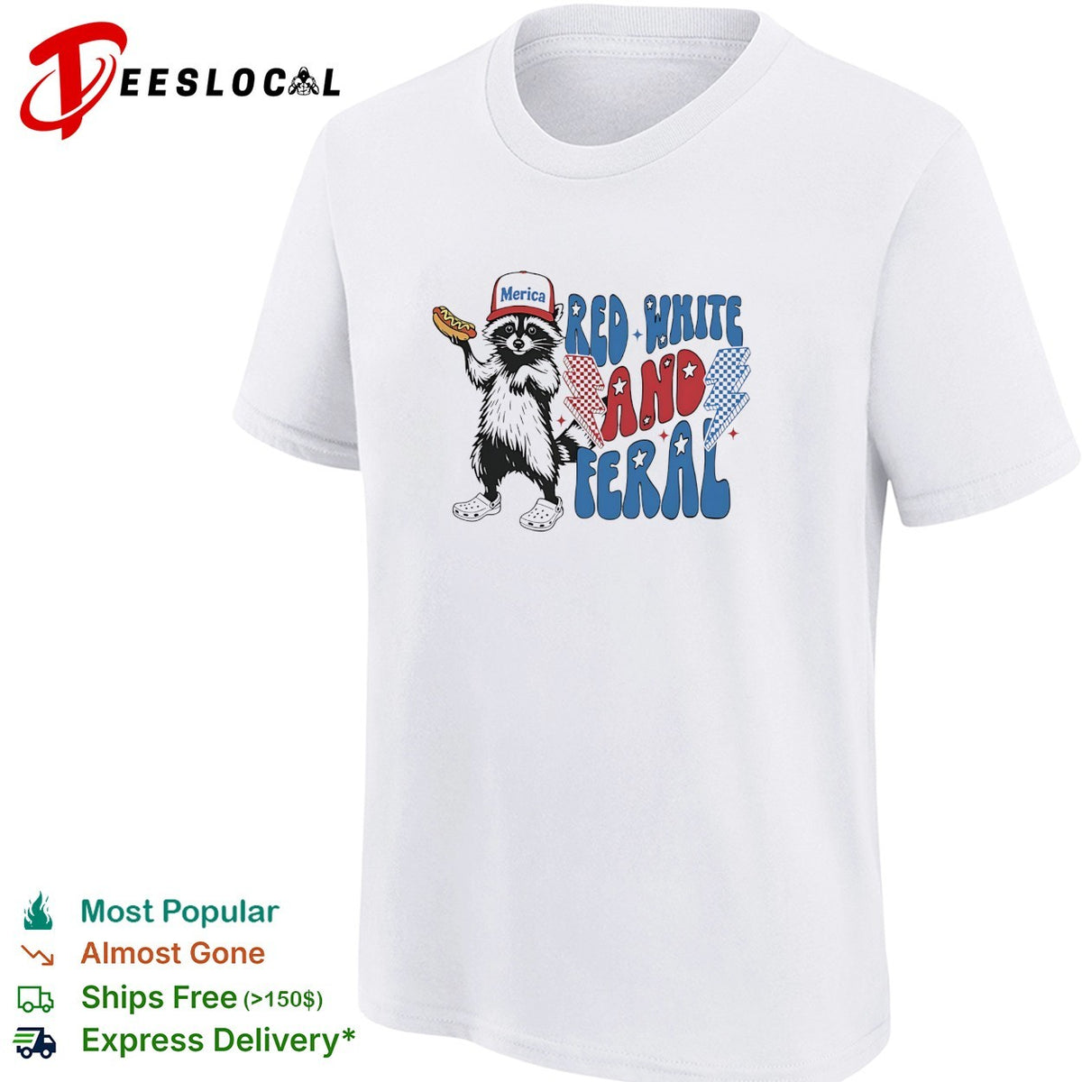 Red white and feral raccoon holding hotdog Merica cap lightning bolts patriotic shirt