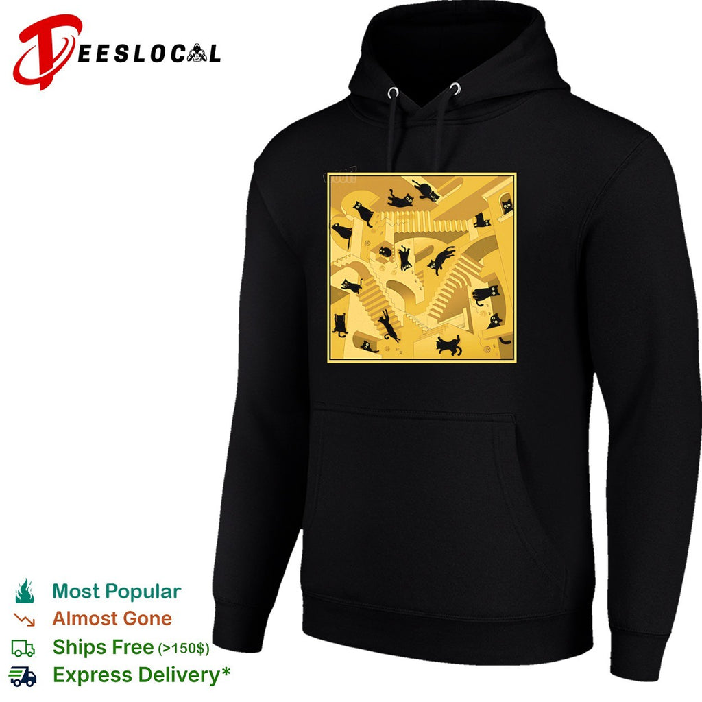 Relativity Cats cat on Escher’s Relativity stairs shirt