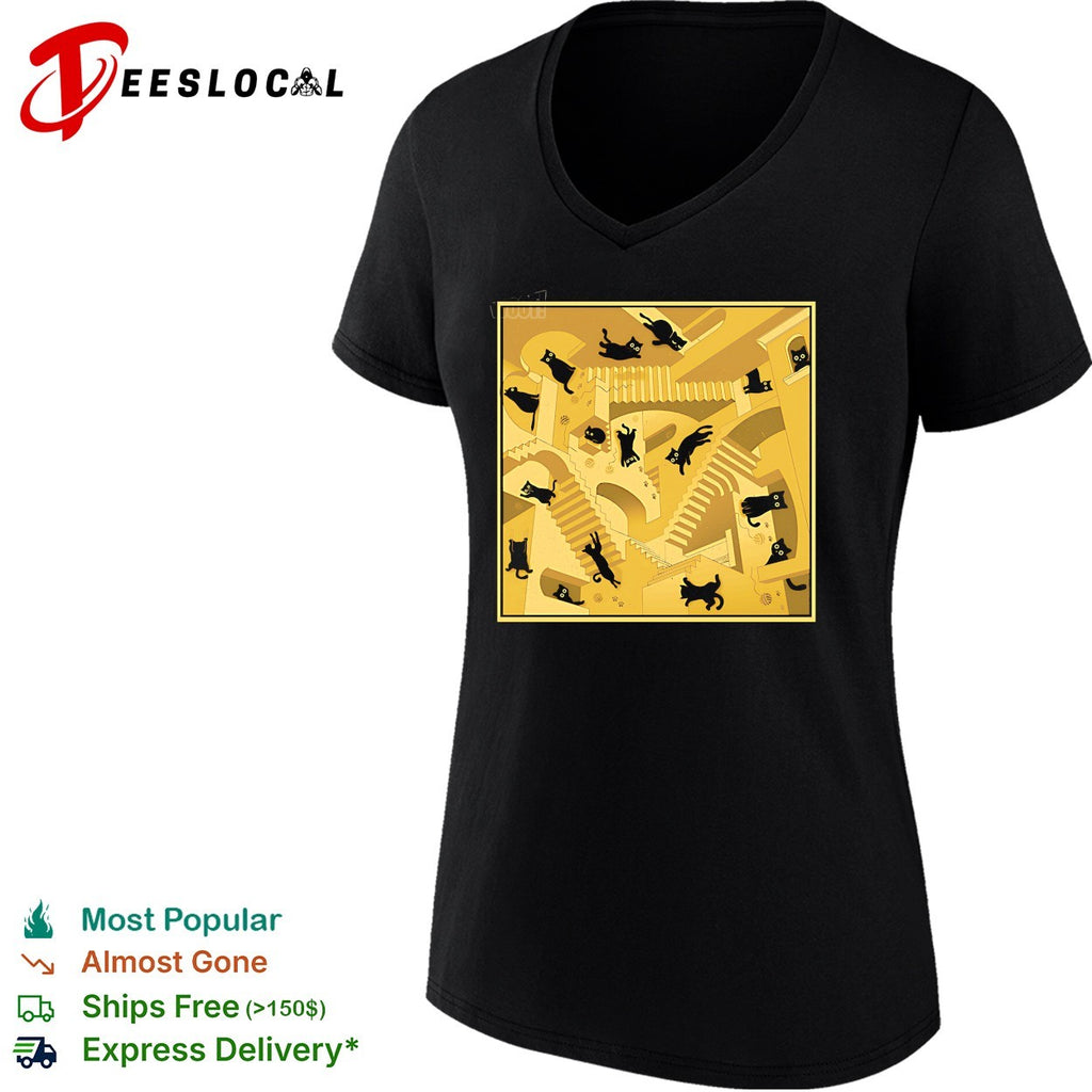 Relativity Cats cat on Escher’s Relativity stairs shirt