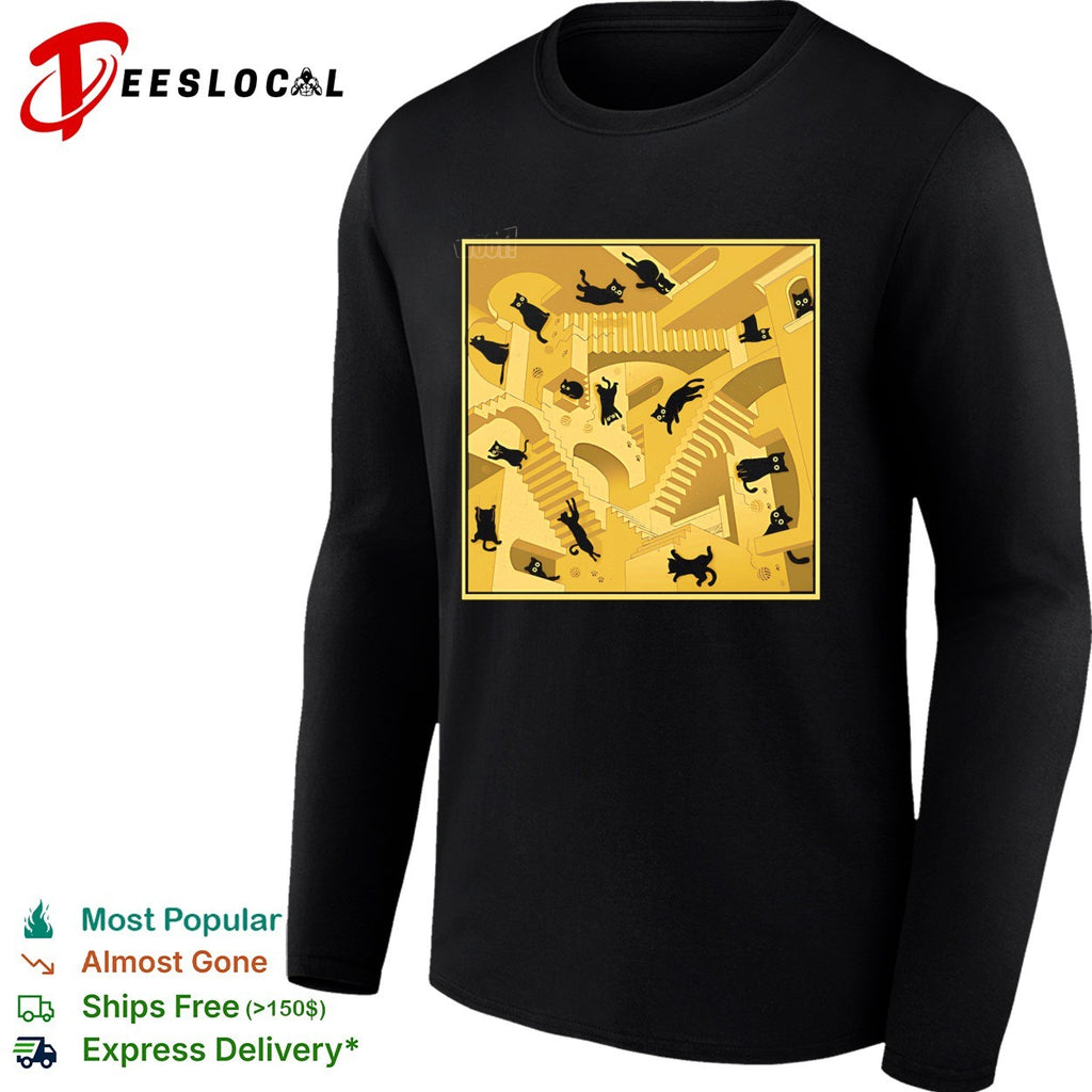 Relativity Cats cat on Escher’s Relativity stairs shirt