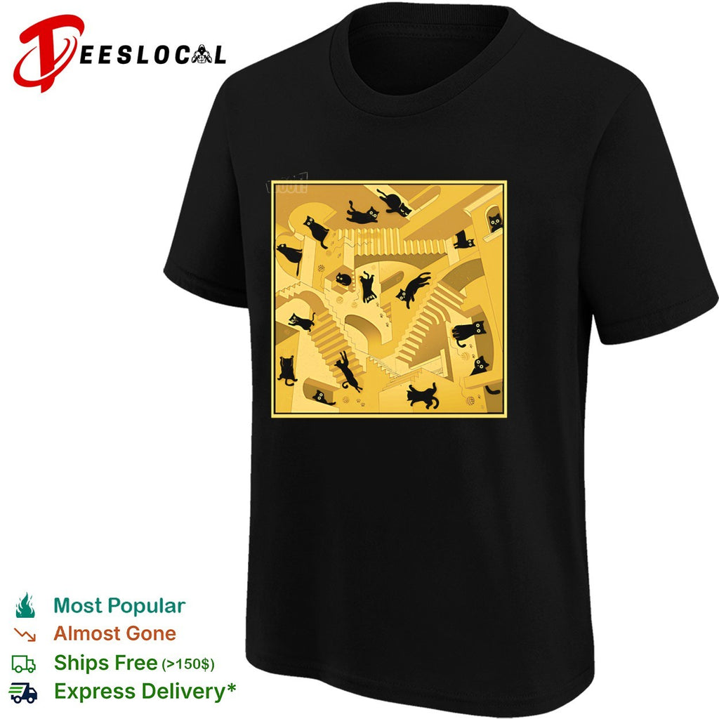 Relativity Cats cat on Escher’s Relativity stairs shirt