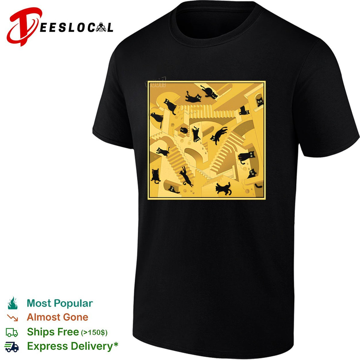 Relativity Cats cat on Escher’s Relativity stairs shirt