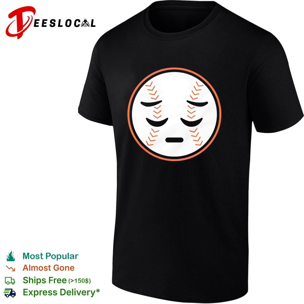 Sad face baseball emoji blue orange graphic shirt