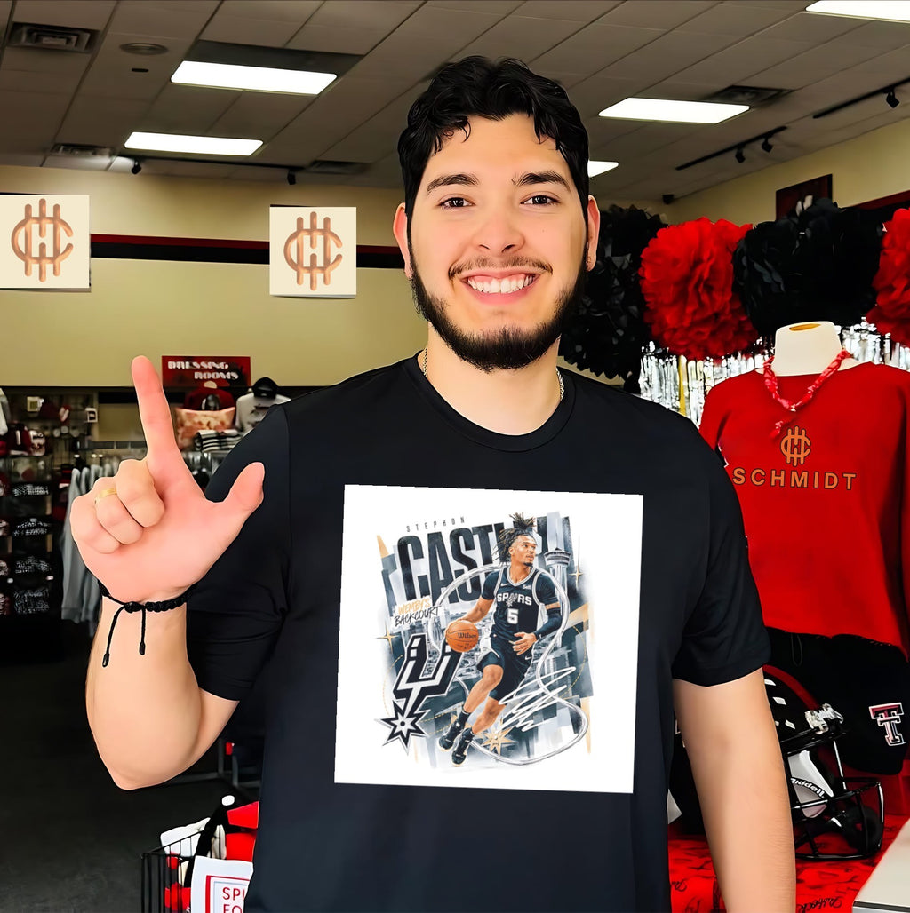 San Antonio Spurs Stephon Castle skyline background shirt