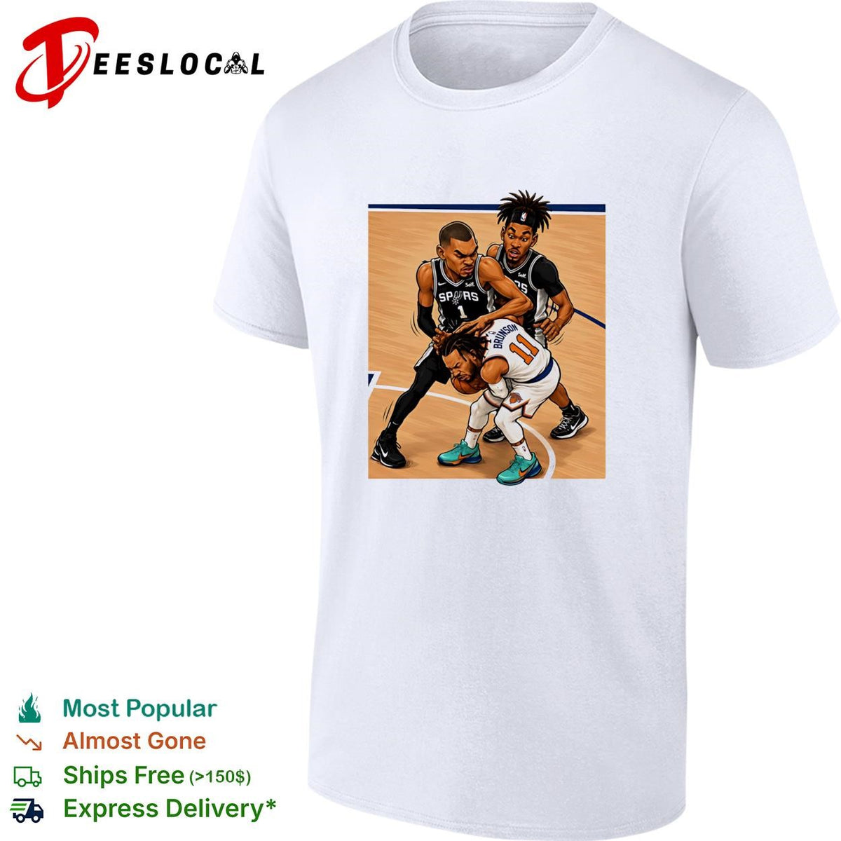 San Antonio Spurs Wembanyama defending Brunson basketball action illustration shirt