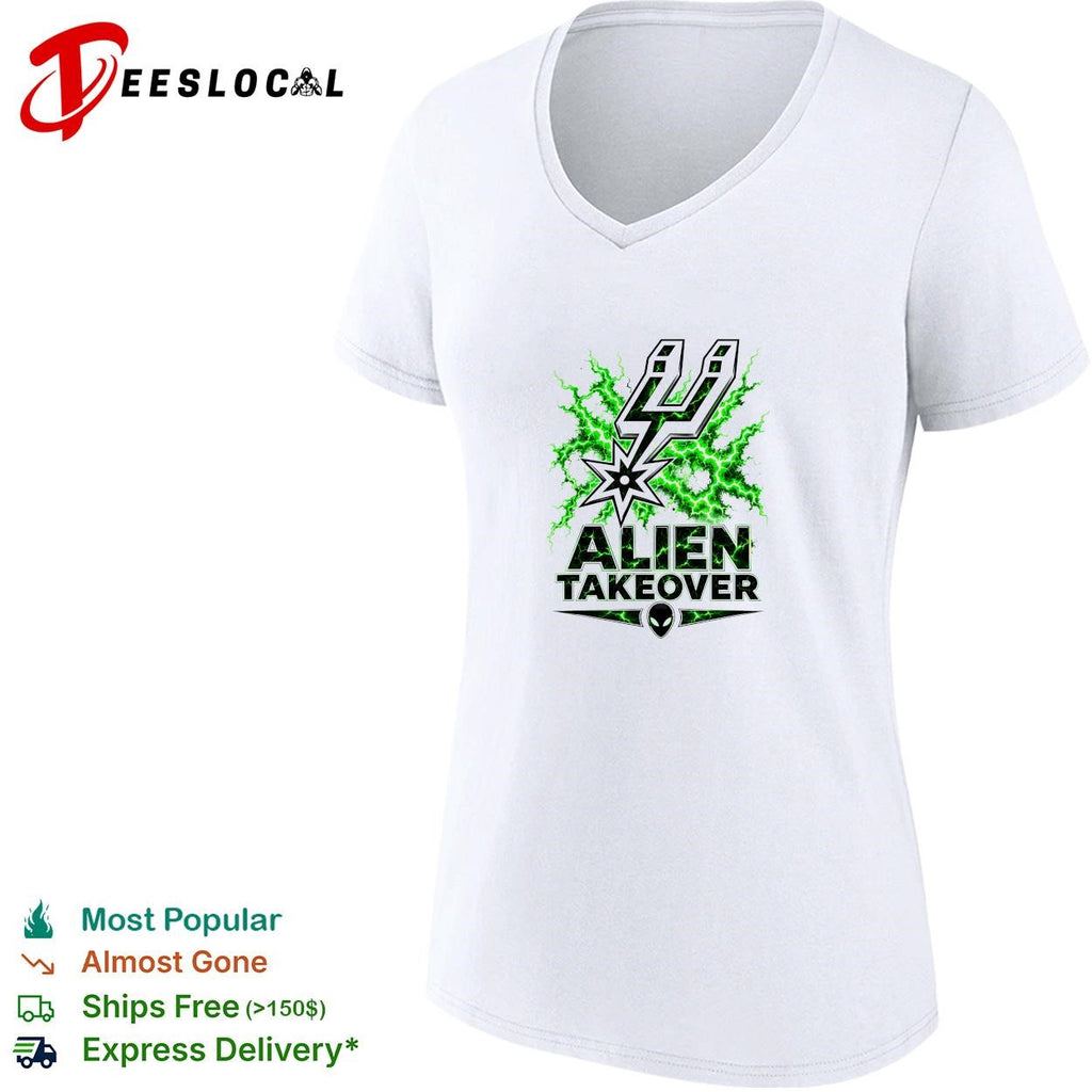 San Antonio Spurs alien takeover logo green lightning white shirt