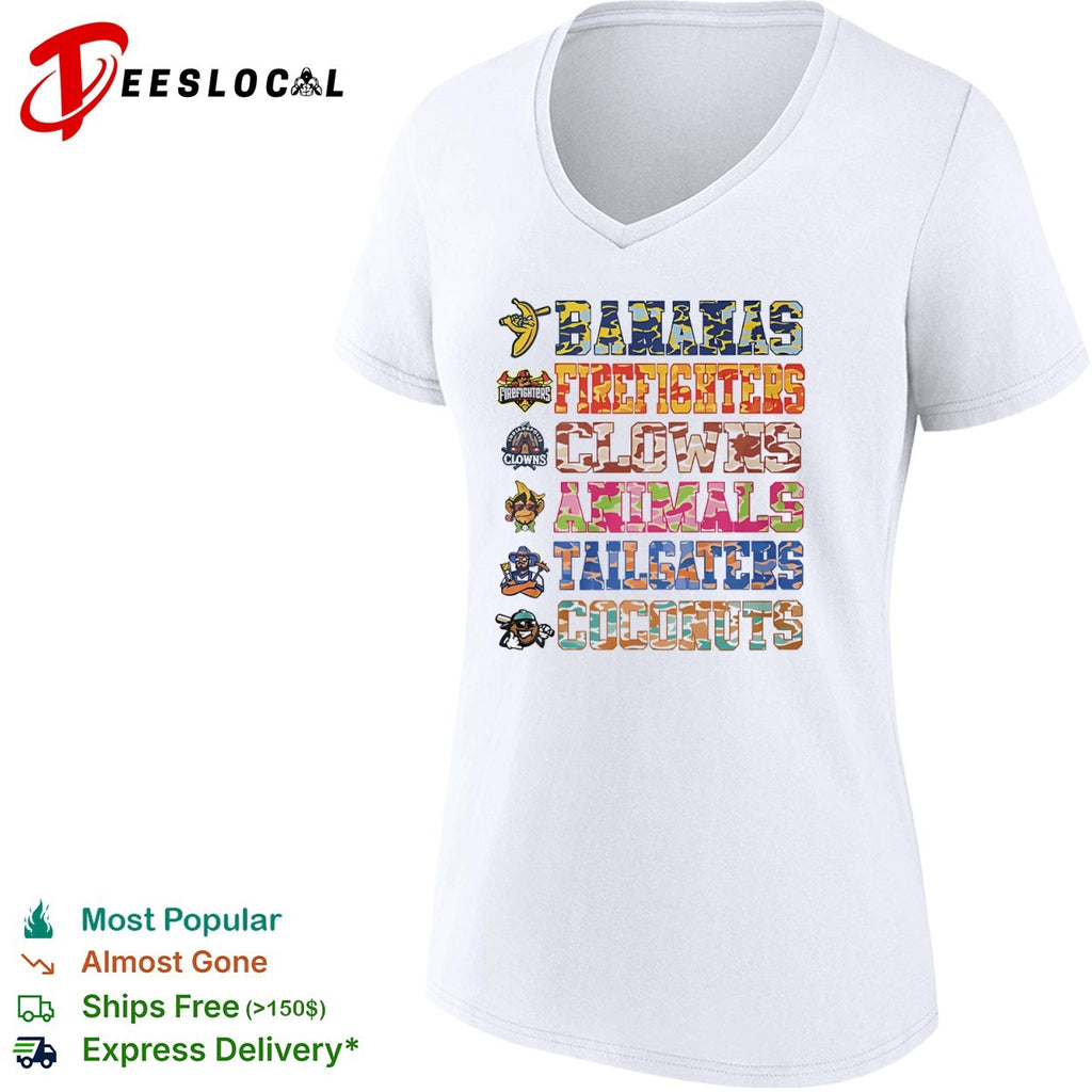 Savannah Bananas Firefighters Clowns Animals Tailgaters Coconuts team list shirt