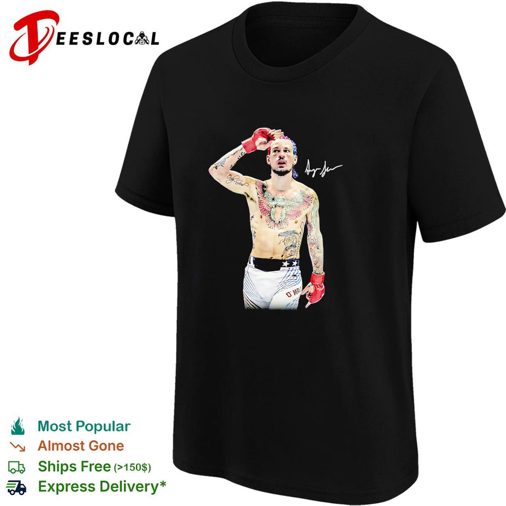 Sean O’Malley tattooed fighter prayer pose red gloves signature poster shirt
