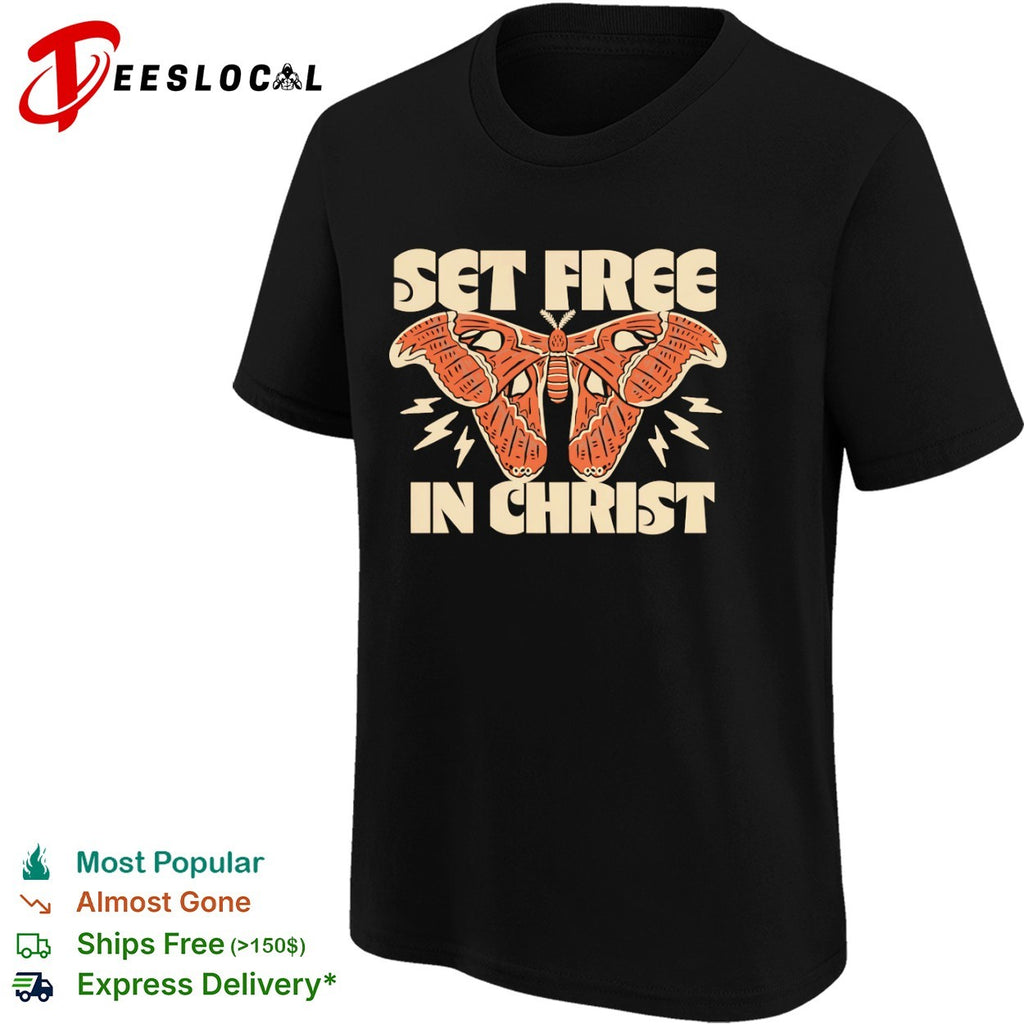 Set Free in Christ Moth Lightning Bolt shirt