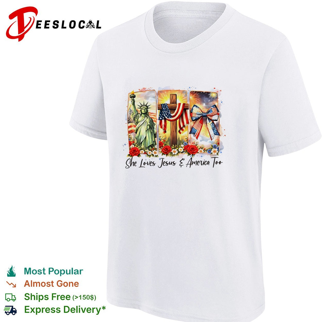 She loves Jesus and America too Statue of Liberty cross fireworks roses shirt