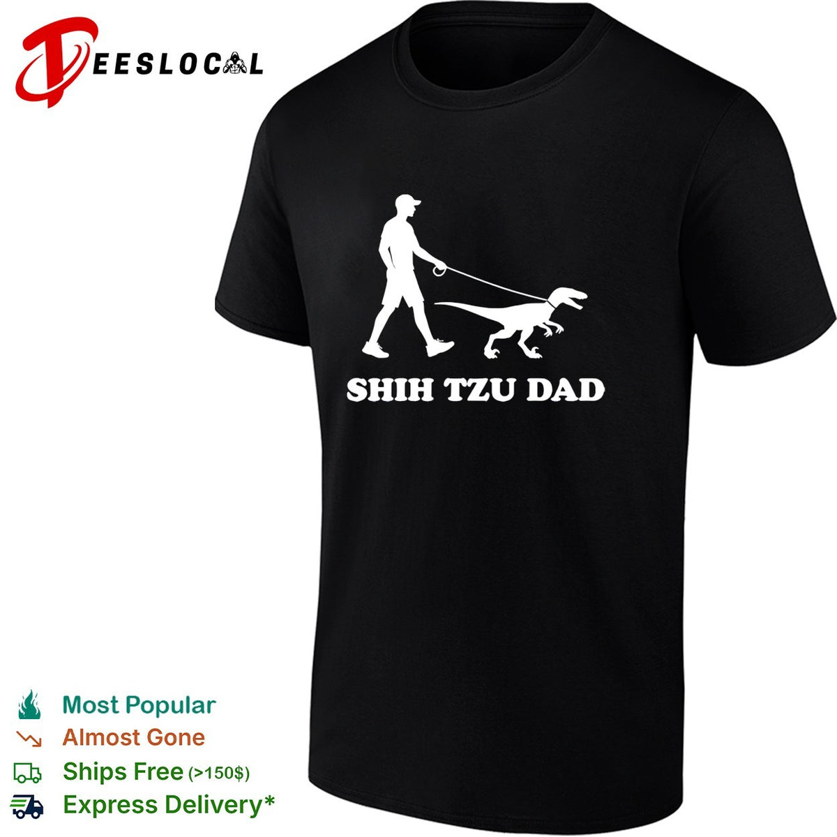 Shih Tzu Dad man walking velociraptor dinosaur on leash humor silhouette shirt