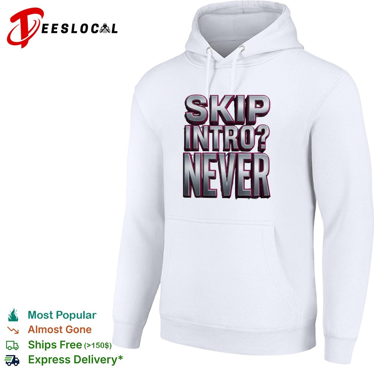 Skip intro never bold metallic 3D typography streaming humor shirt