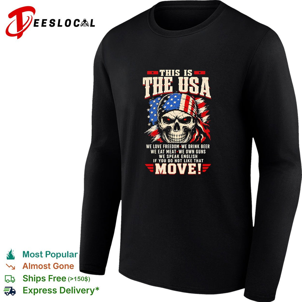 Skull wearing USA headband This is the usa we love freedom we drink beer we eat meat we own guns shirt