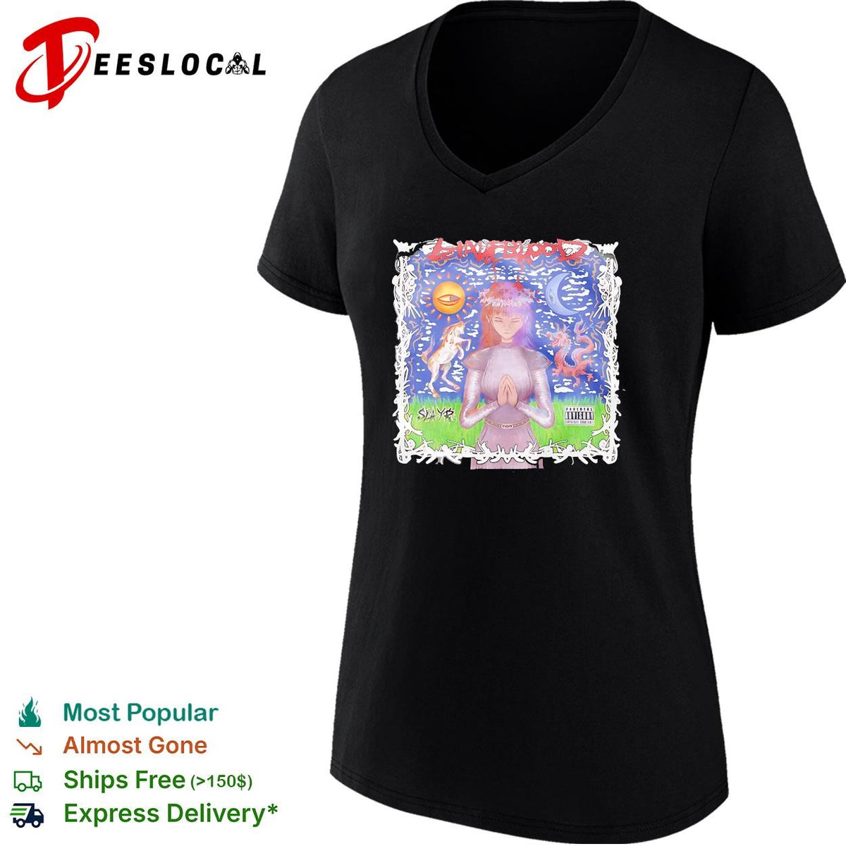 Slaughblood praying woman with unicorn and dragon parental advisory poster shirt