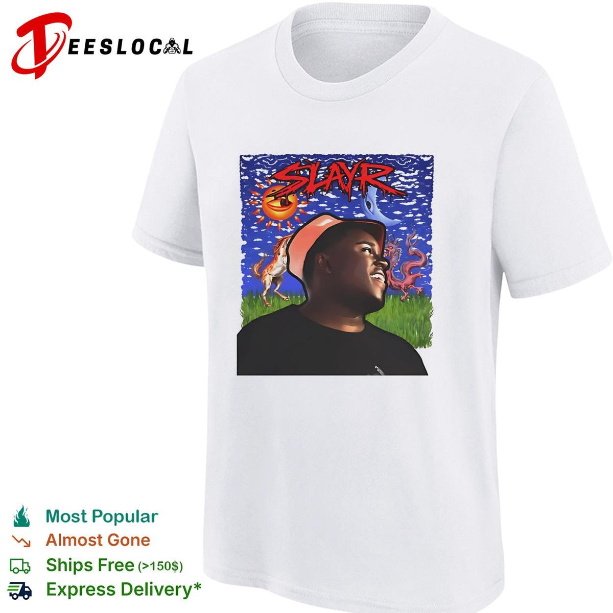 Slayr man portrait illustration under glowing sun and moon eye graphic shirt