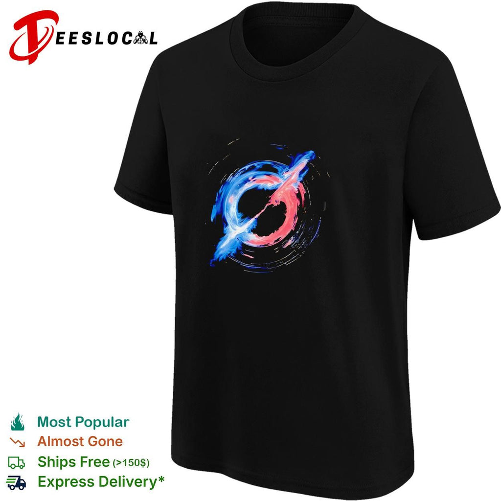 Slayr swirling blue and red nebula abstract paint art logo graphic shirt