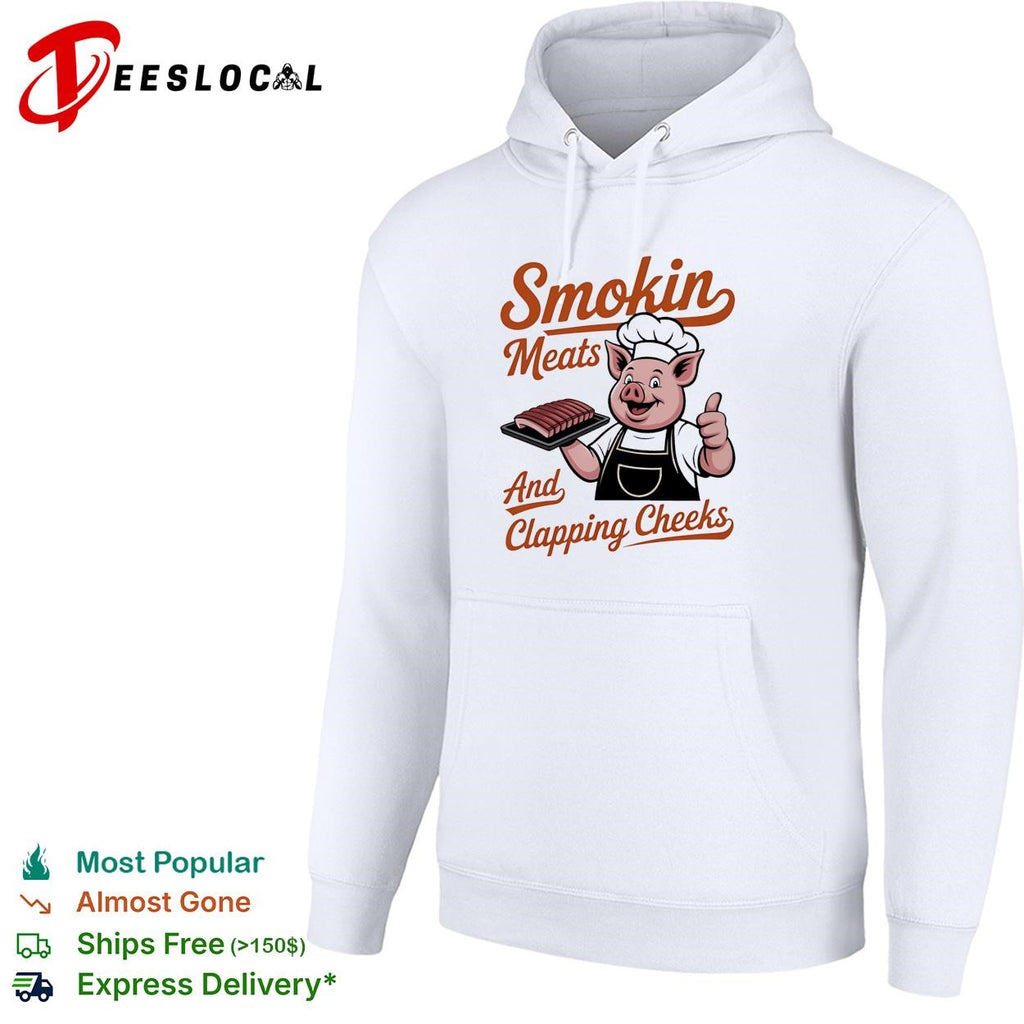 Smokin meats and clapping cheeks pig chef BBQ script lettering graphic shirt